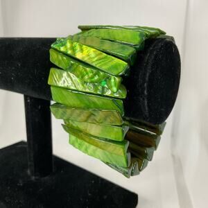 Green Abalone Stretch Bracelet Mother of Pearl MOP Boho 1.75” Wide Statement